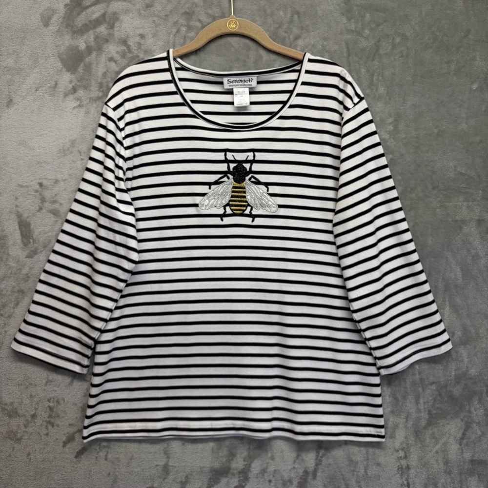 Serengetti Women’s Striped‎ Bee Embroidered Top Preppy Coastal 3/4 Sleeve L